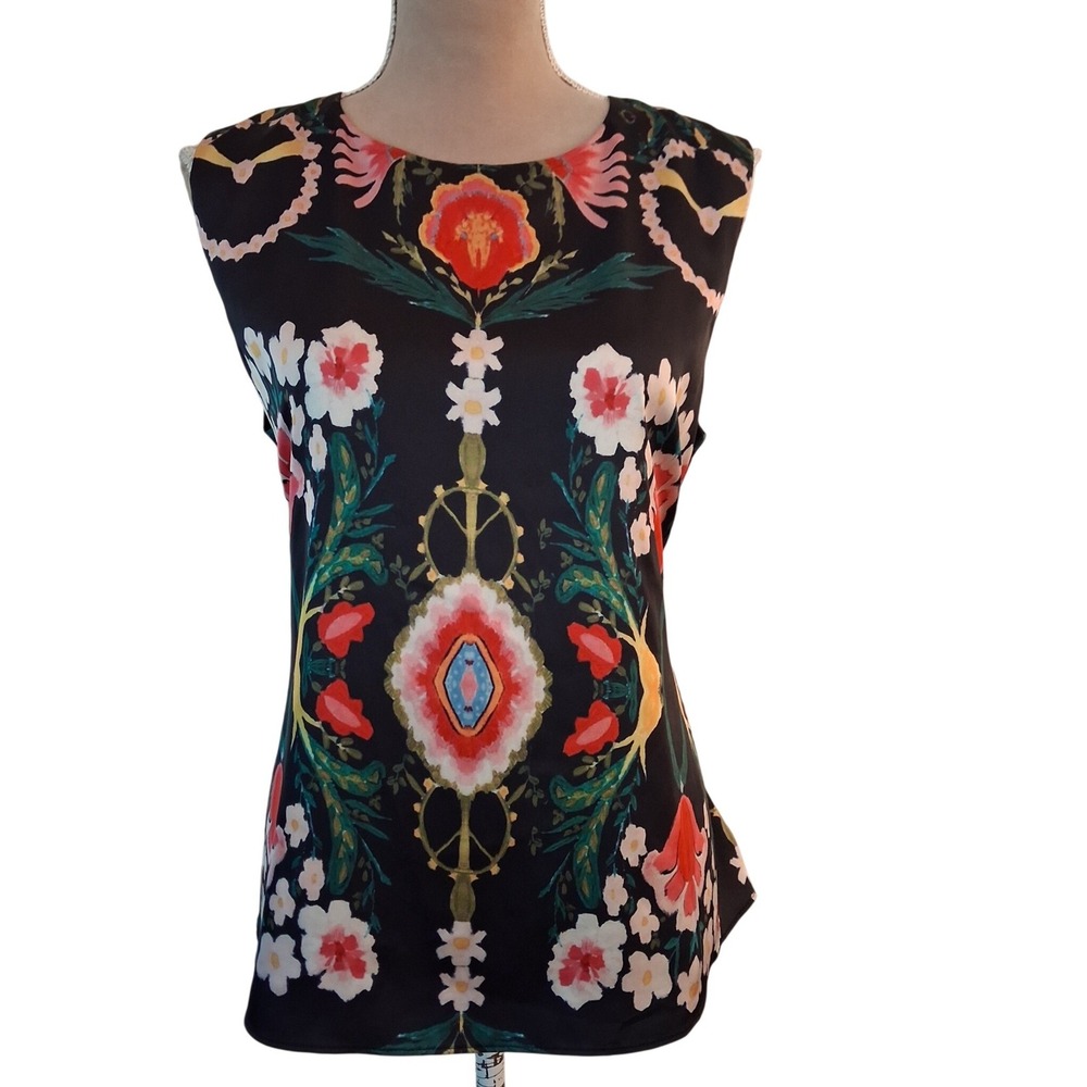 Hutch Women Black Floral Kaleidoscope Print Sleeveless Tie Back Blouse Size M